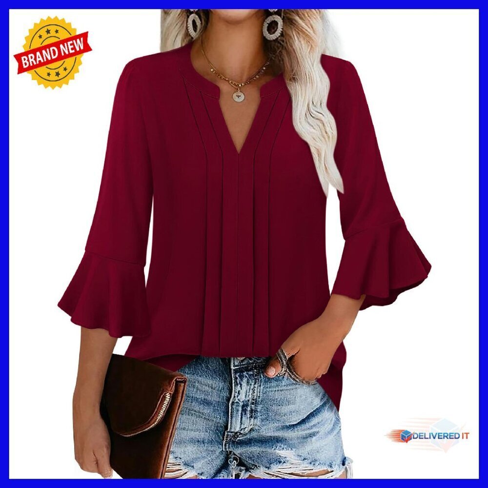 Chiffon 3/4 Sleeve Ruffle Blouse V-Neck Office Business Casual Top